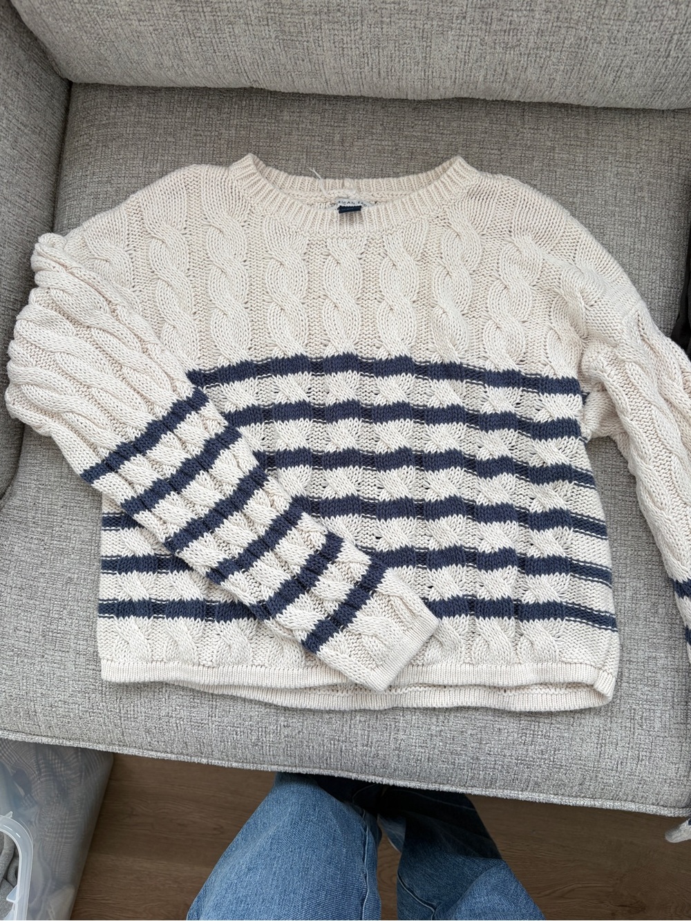 AE Cream and Navy Striped Cable Knit Sweater